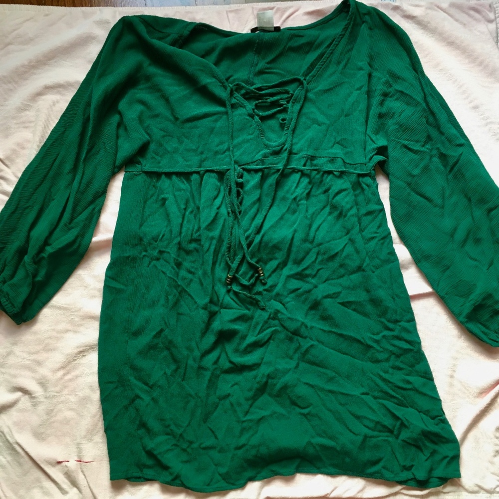 Venus Dark Green Embellished V-Neck Waist Tie Top
